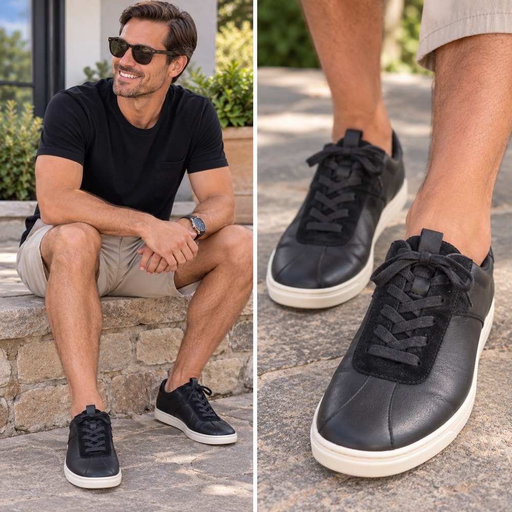 Vionic Mens Lonny Black Leather Suede Low Top Sneakers Shoes Size 9.5 US